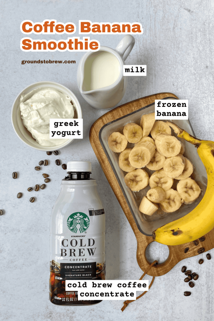 An overhead picture of the four ingredients needed to make this recipe, including a pitcher of milk, bowl of greek yogurt, bottle of Starbucks cold brew coffee concentrate and frozen banana chunks.