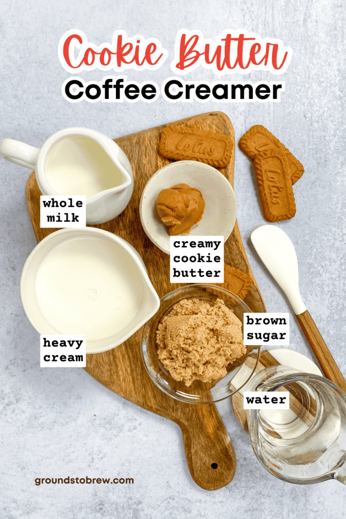 Overhead picture showing  a few Biscoff cookies and the ingredients needed to make cookie butter coffee creamer, including pitchers of milk, heavy cream and water, and small bowls with brown sugar and creamy cookie butter spread.