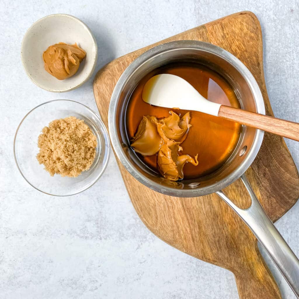 Cookie butter spread added to saucepan with the brown sugar syrup.