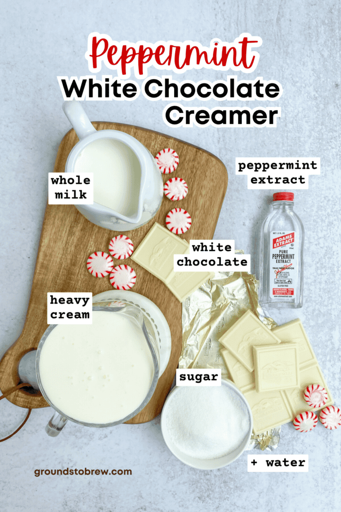 Overhead picture showing pitchers with milk and heavy cream, bottle of peppermint extract, bowl of sugar, white chocolate bar squares and peppermint candies scattered around.