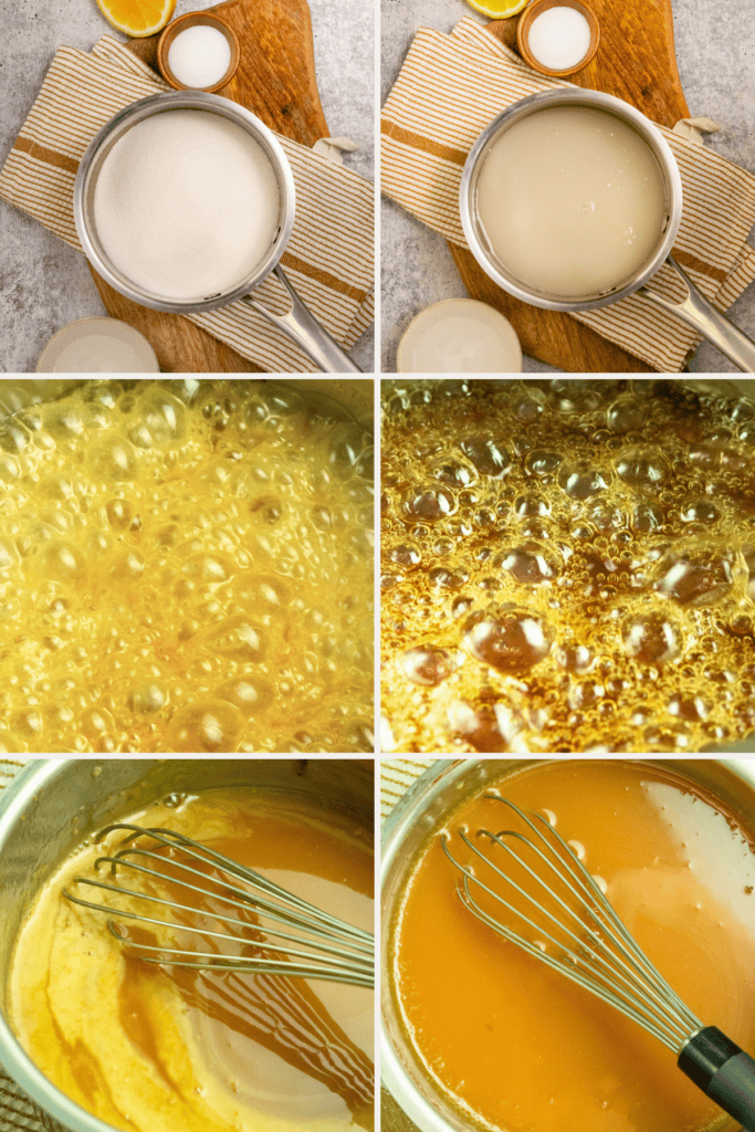 Six grid image showing sugar in pan, water covering sugar, sugar turning golden as it cooks, sugar turning amber as it cooks, cream being whisked into caramel, caramel sauce all whisked together.