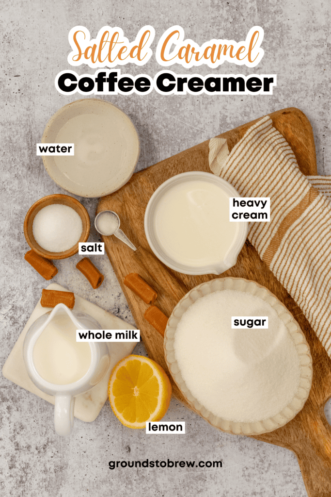 Overhead picture showing all the ingredients in bowls and pitchers, needed to make this salted caramel coffee creamer recipe.